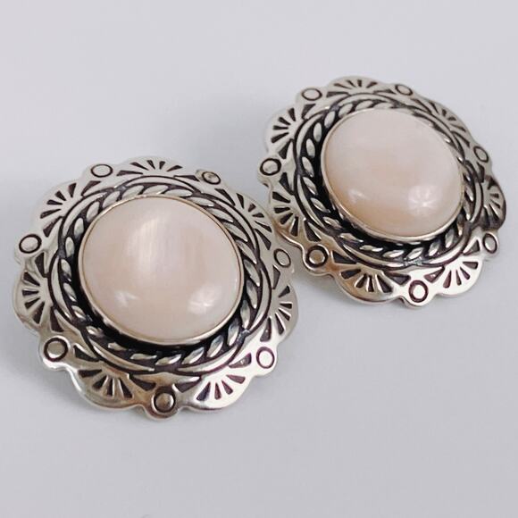 Signed Relios Carolyn Pollack Sterling Mother of Pearl MOP Clip On Earrings VTG - Picture 13 of 16